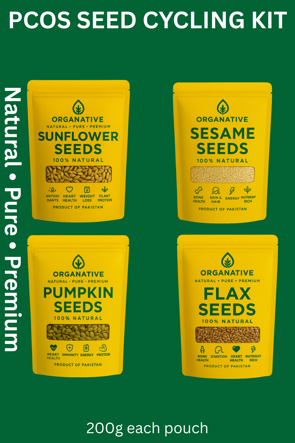 Seed Cycling Kit – 4-Pack (Pumpkin, Flax, Sunflower, Sesame) 200g Each